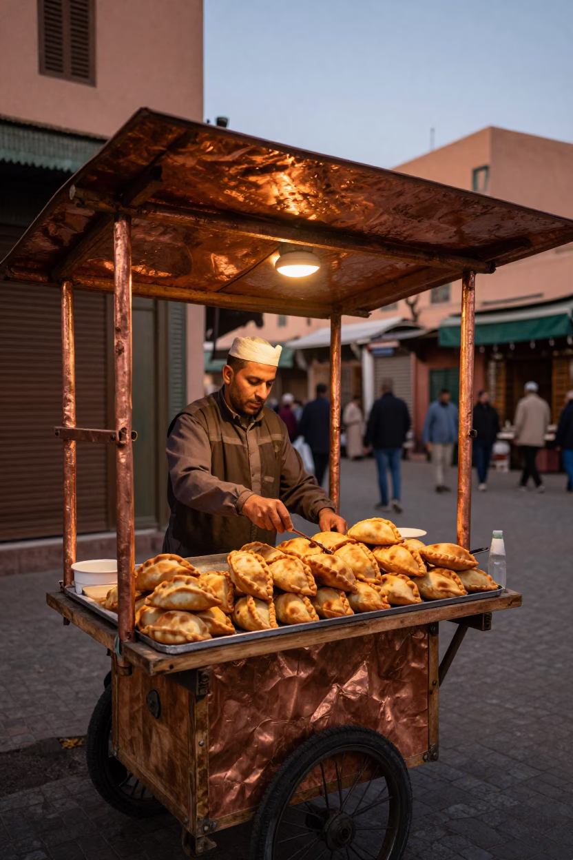 Street Vendor Selling Golden Pastries in Marrakech Medina Under Copper Dusk Light in in Marrakech, Morocco