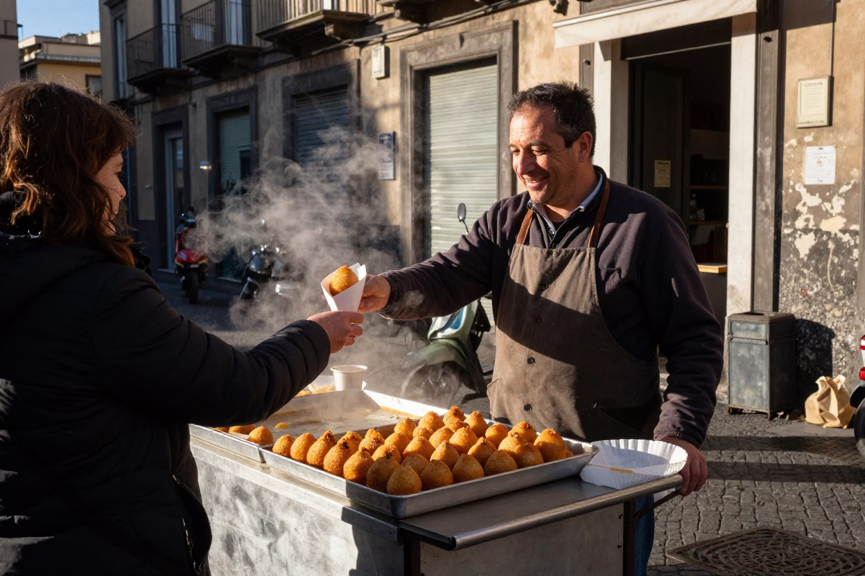 Street Vendor Selling Golden Steaming Arancini in Naples Late Afternoon in in Naples, Italy