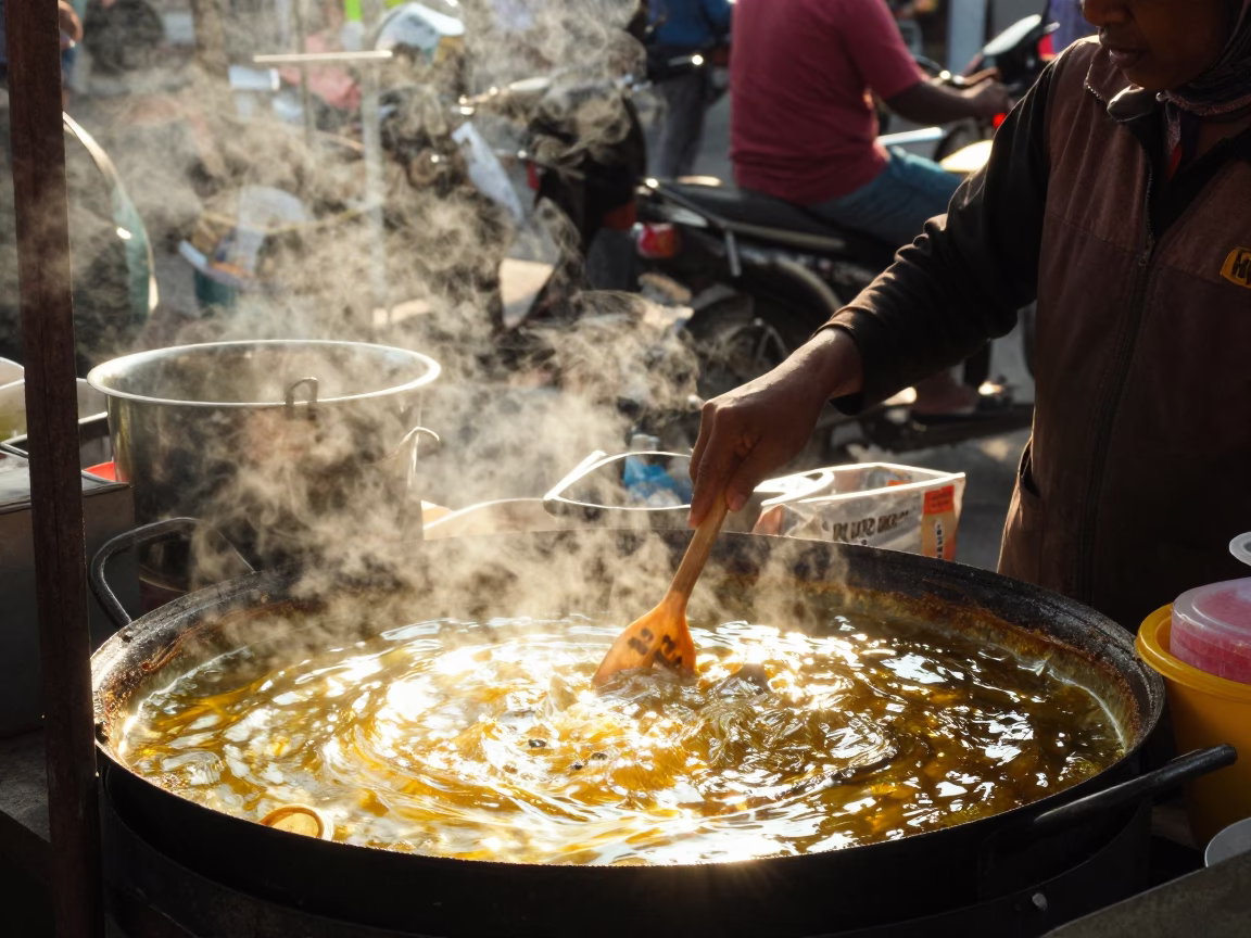 Street Vendor Selling Grease-Heated Snacks in Surabaya Indonesia Early Afternoon in in Surabaya, Indonesia