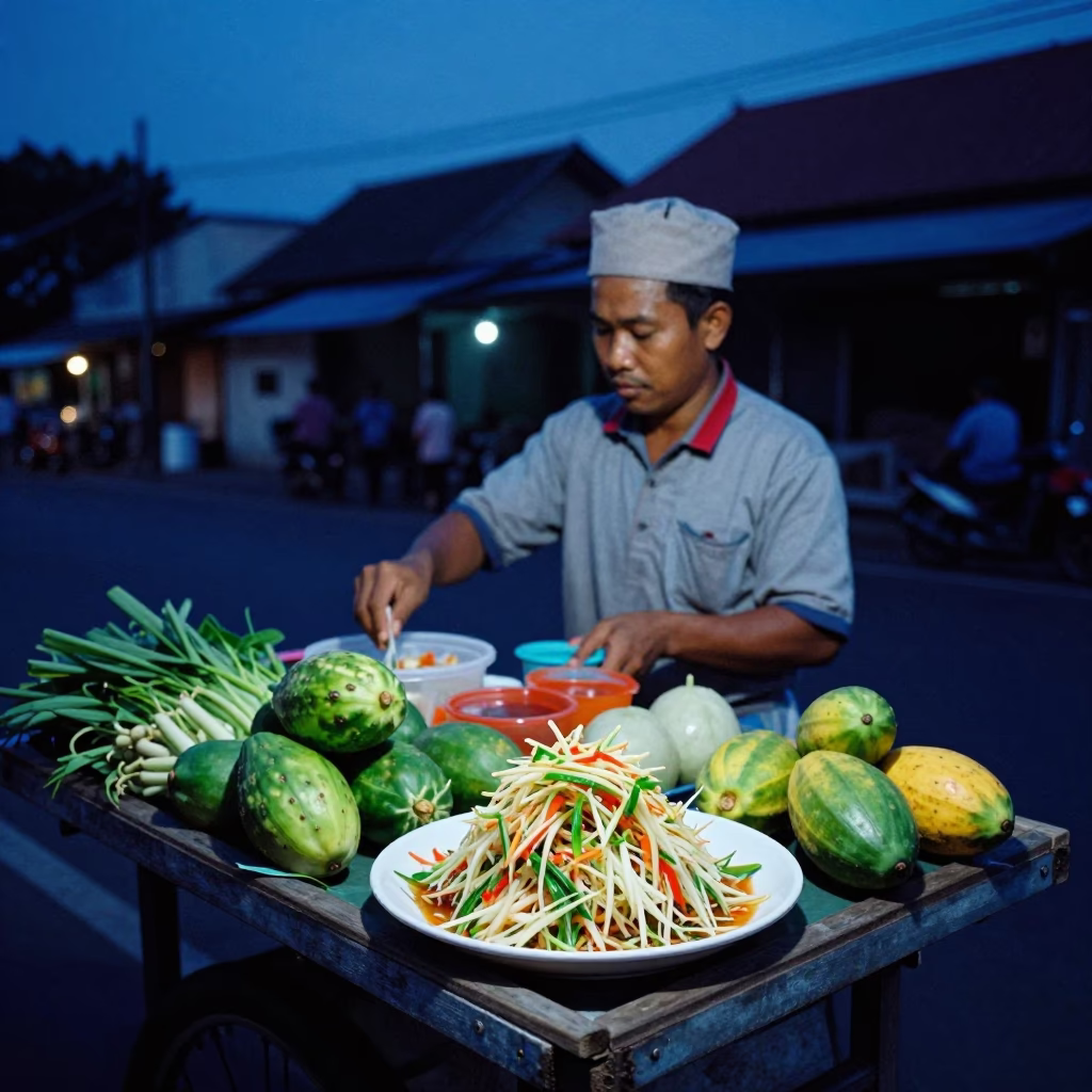 Street Vendor Selling Green Papaya Salad in Surabaya Indonesia at Blue Hour in in Surabaya, Indonesia