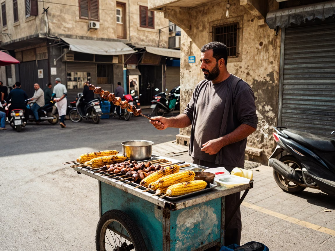 Street Vendor Selling Grilled Corn and Kebabs in Downtown Alexandria Egypt Late Morning Light in in Alexandria, Egypt