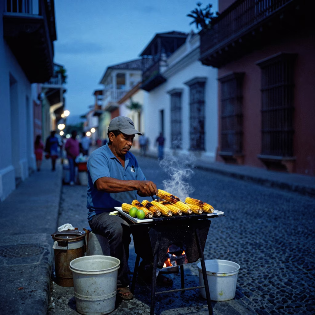 Street Vendor Selling Grilled Corn with Lime and Cheese in Cartagena Evening Blue Light in in Cartagena, Colombia
