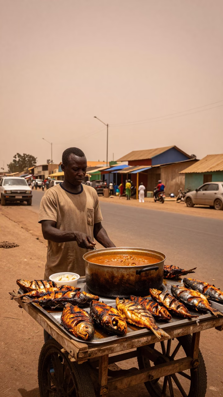 Street Vendor Selling Grilled Fish and Mafé in Dakar Senegal Before Dusk in in Dakar, Senegal