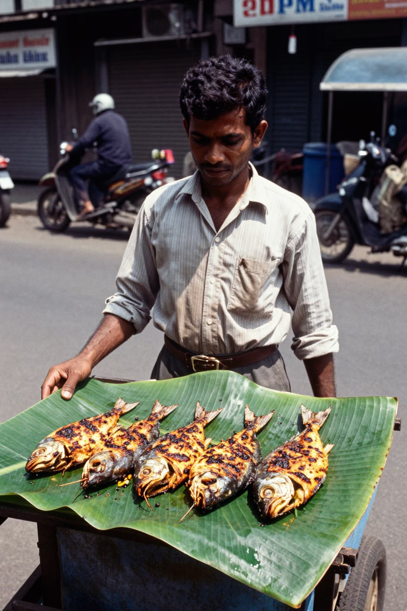 Street Vendor Selling Grilled Fish on Banana Leaf in Mumbai India Midday Sunlight in in Mumbai, India