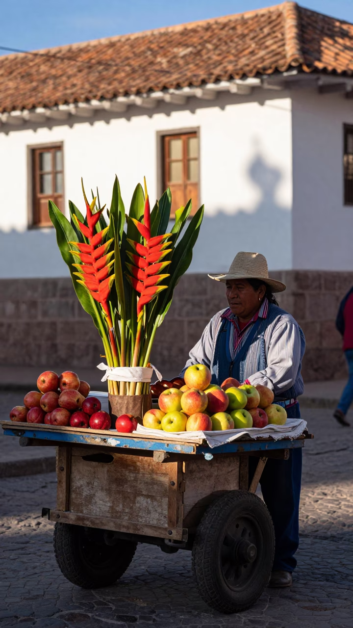 Street Vendor Selling Heliconia Flowers and Apples in Cusco Peru Late Afternoon in in Cusco, Peru