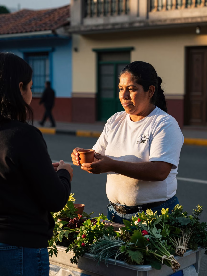 Street Vendor Selling Herbs in Medellin Late Afternoon Light in in Medellin, Colombia