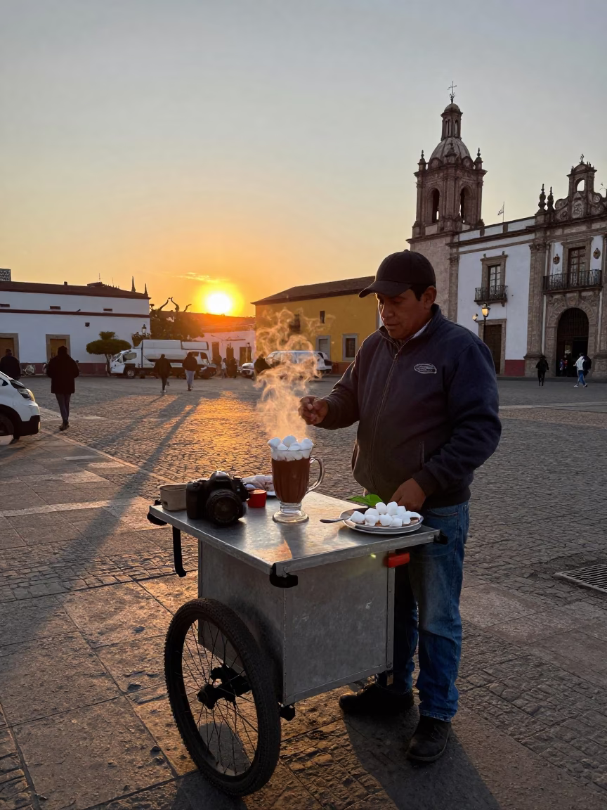 Street Vendor Selling Hot Chocolate and Marshmallows in Guadalajara Mexico at Sunset in in Guadalajara, Mexico