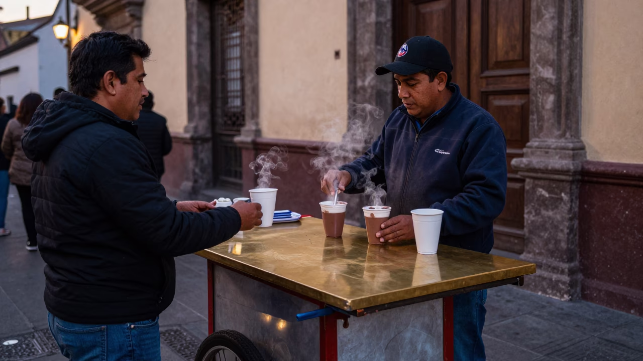 Street vendor selling hot chocolate in Mexico City early evening with polished brass details in in Mexico City, Mexico