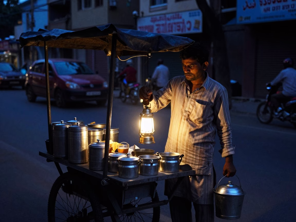 Street Vendor Selling Hot Tea in Delhi Predawn Darkness with Tea Stains on Bucket in in Delhi, India