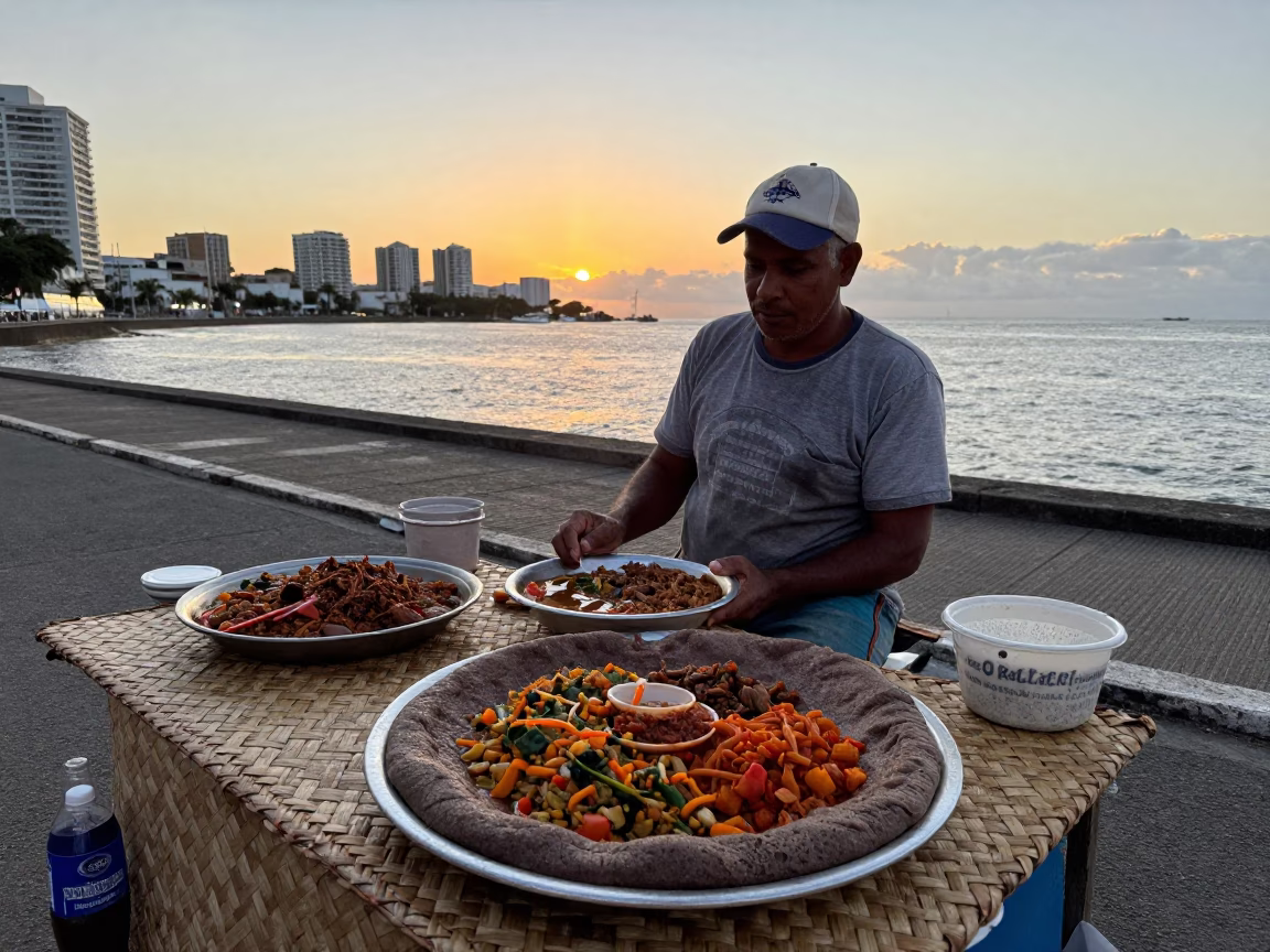 Street Vendor Selling Injera and Stews at Nautical Dawn in Salvador Brazil in in Salvador, Brazil