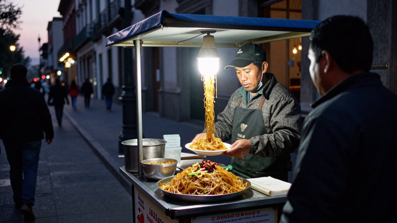 Street Vendor Selling Japchae Glass Noodles in Mexico City Evening Glow in in Mexico City, Mexico