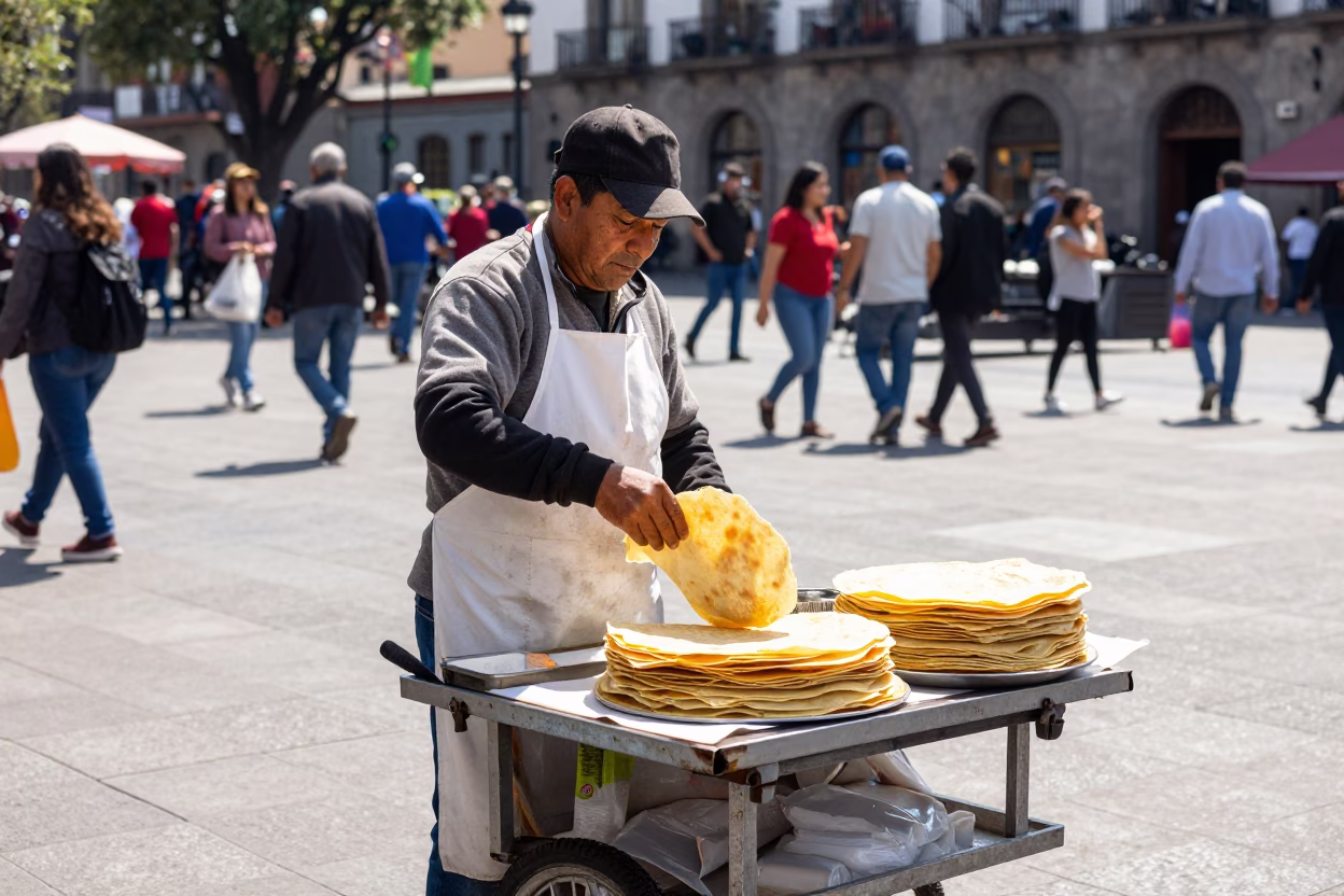 Street Vendor Selling Jianbing Crepe in Busy Mexico City Plaza at Noon in in Mexico City, Mexico
