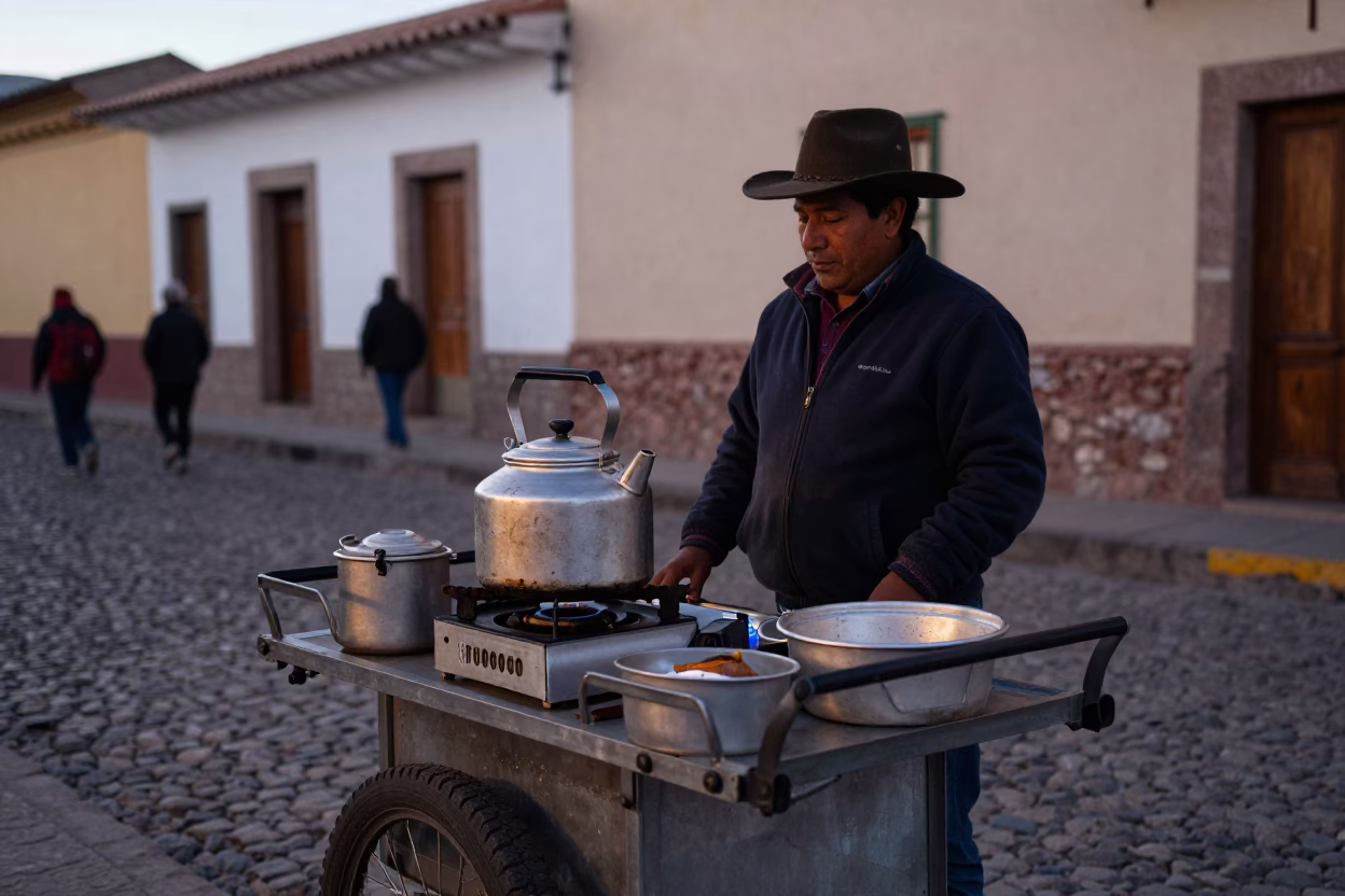 Street Vendor Selling Kettle and Shakshouka in La Paz Bolivia Early Evening in in La Paz, Bolivia