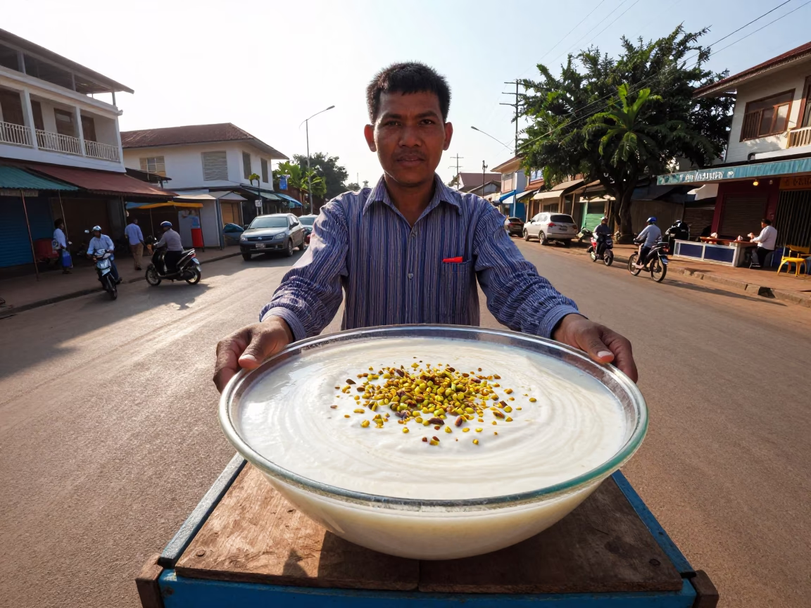 Street Vendor Selling Kheer Sagar in Phnom Penh Late Morning Sunlight in in Phnom Penh, Cambodia