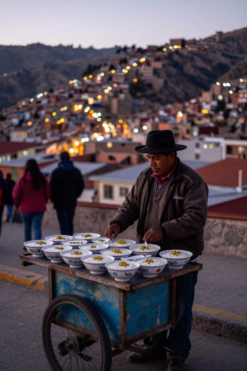 Street Vendor Selling Kheer Sagars at Twilight in La Paz Bolivia in in La Paz, Bolivia