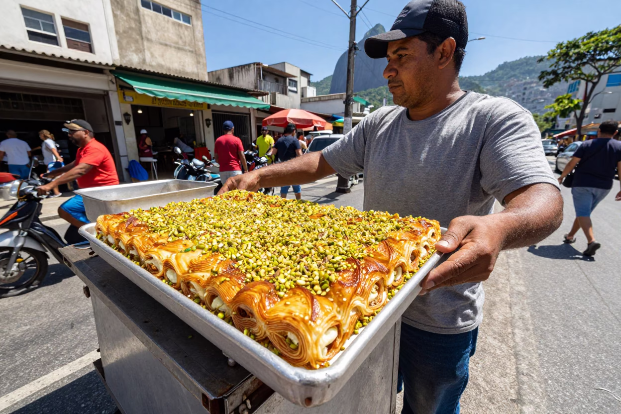 Street Vendor Selling Knafeh with Pistachios in Bright Midmorning Rio de Janeiro Brazil in in Rio de Janeiro, Brazil