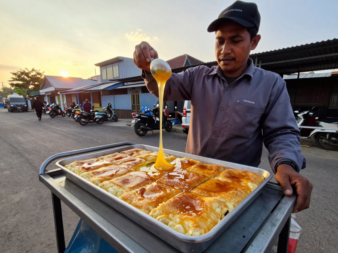 Street Vendor Selling Kunafa with Melted Cheese in Surabaya Indonesia at Golden Hour in in Surabaya, Indonesia