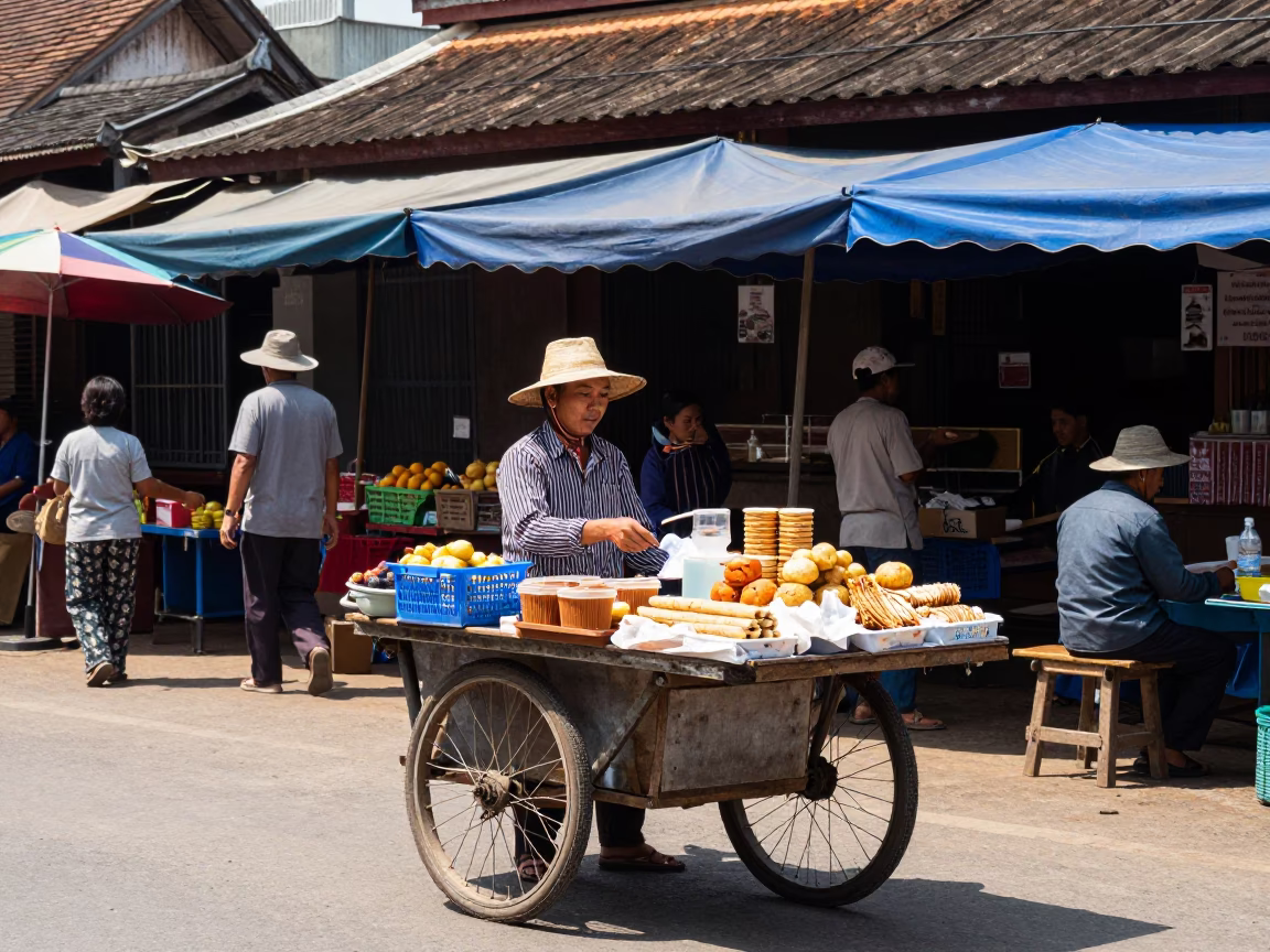 Street Vendor Selling Local Snacks in Luang Prabang Laos Under Bright Noon Sunlight in in Luang Prabang, Laos