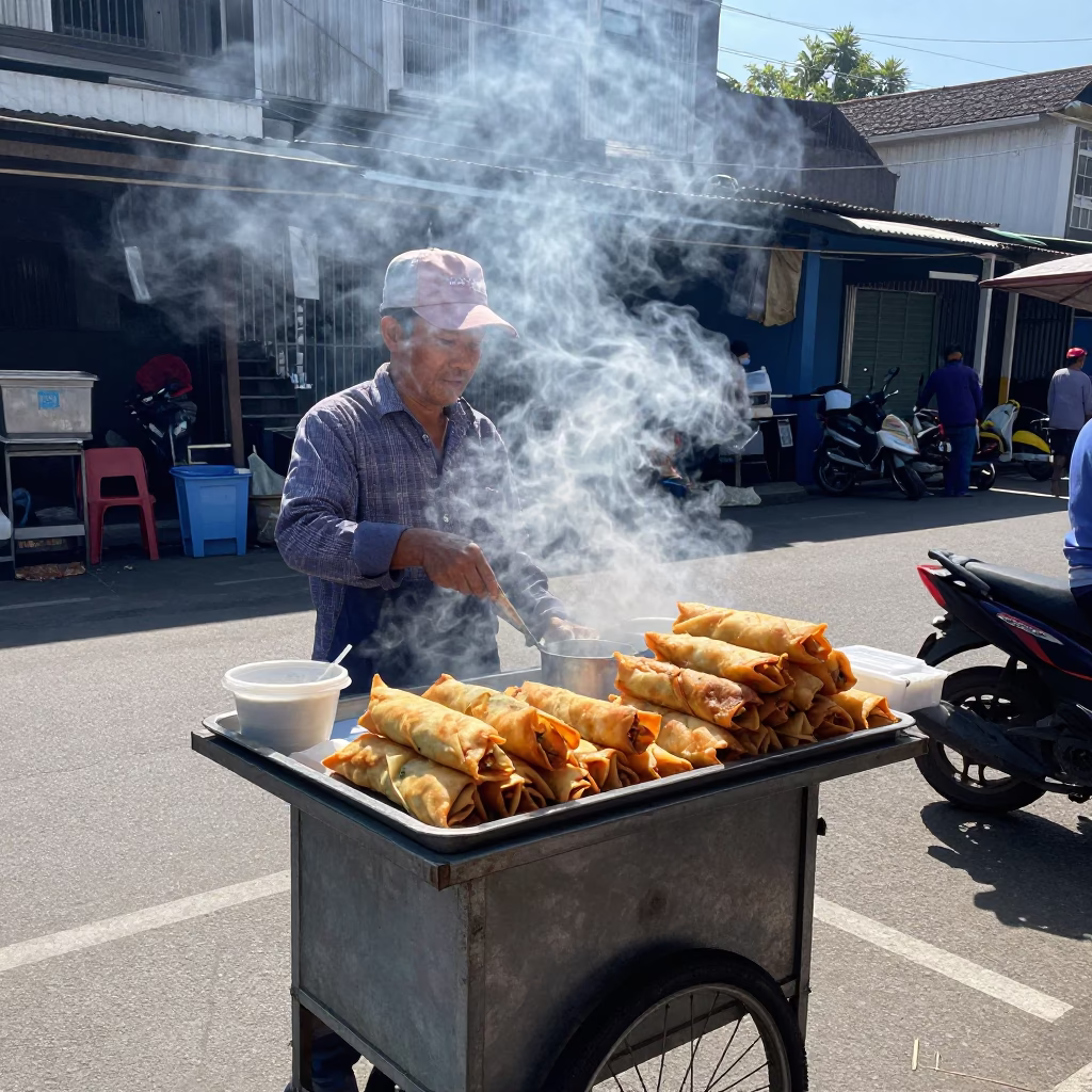 Street Vendor Selling Lumpia Spring Rolls Under Harsh Noon Sun in Surabaya Indonesia in in Surabaya, Indonesia