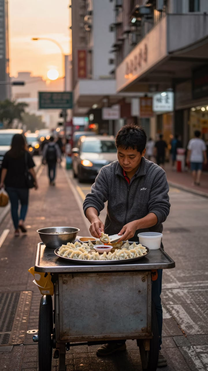Street Vendor Selling Mandu Dumplings at Sunset in Hong Kong in in Hong Kong, Hong Kong