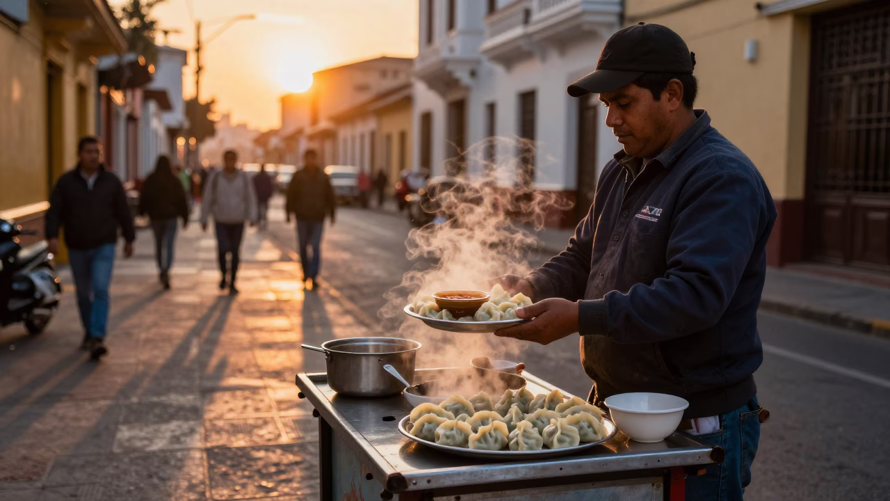 Street Vendor Selling Mandu Dumplings at Sunset in Lima Peru in in Lima, Peru