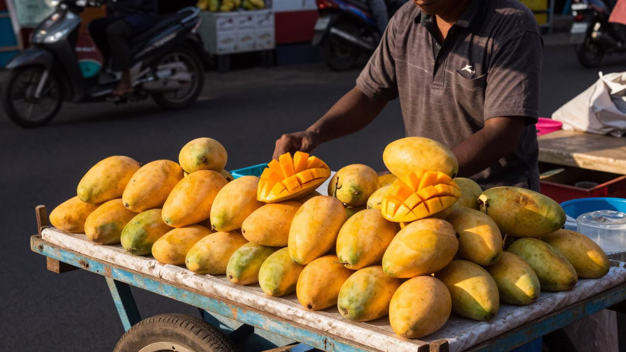Street Vendor Selling Mangoes in Surabaya Indonesia Late Afternoon Light in in Surabaya, Indonesia