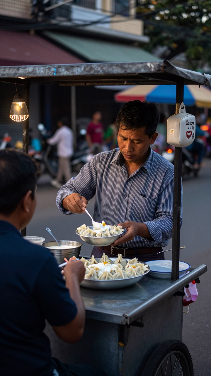 Street Vendor Selling Manti Dumplings with Garlic Yogurt in Phnom Penh Early Evening in in Phnom Penh, Cambodia