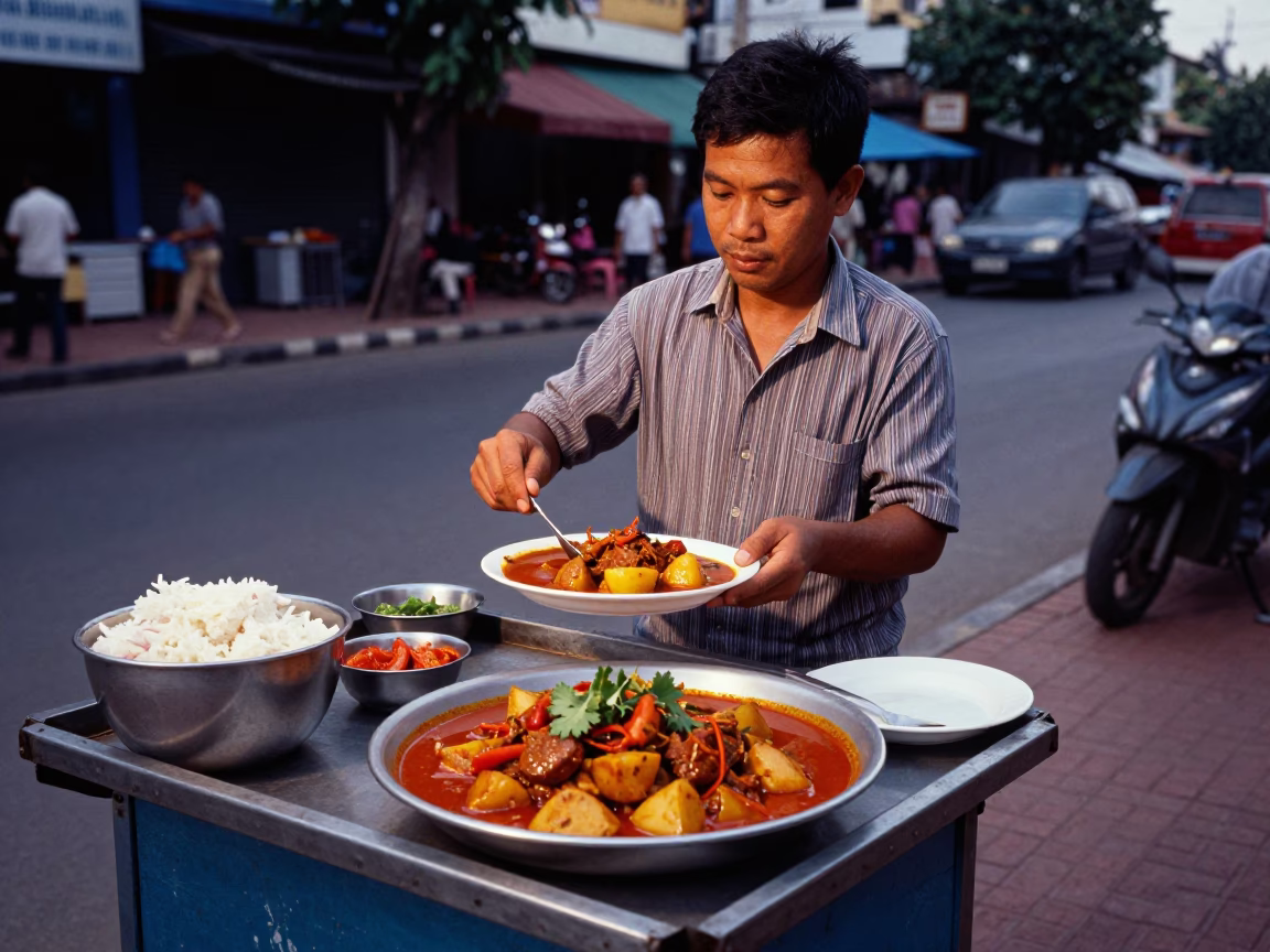 Street Vendor Selling Massaman Curry in Phnom Penh Cambodia Early Evening in in Phnom Penh, Cambodia