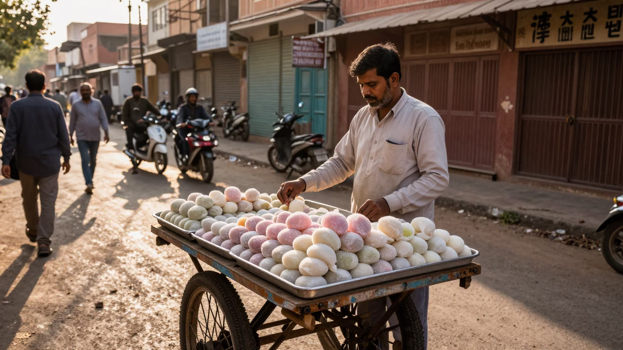 Street Vendor Selling Mochi in Jaipur India Late Afternoon Sunlight in in Jaipur, India
