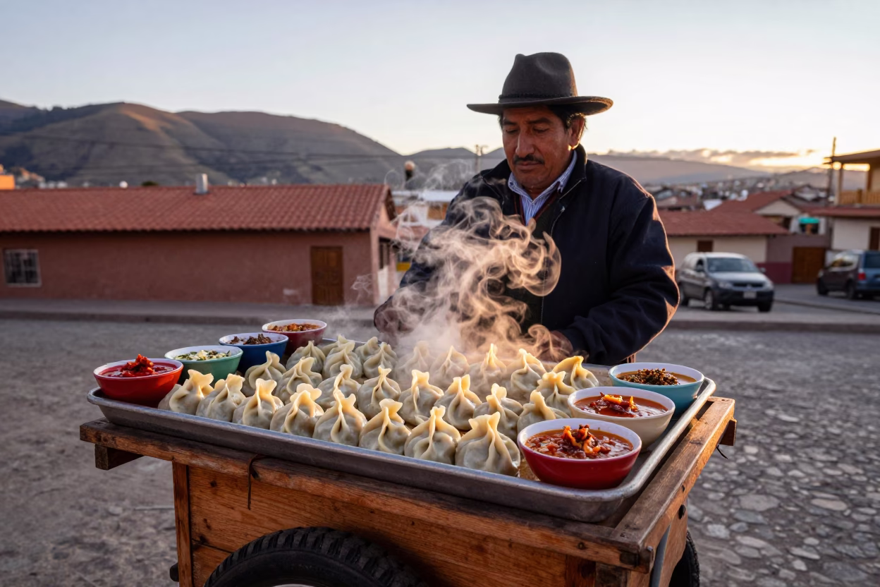 Street Vendor Selling Momos with Spicy Chutney in La Paz Bolivia at Sunset in in La Paz, Bolivia