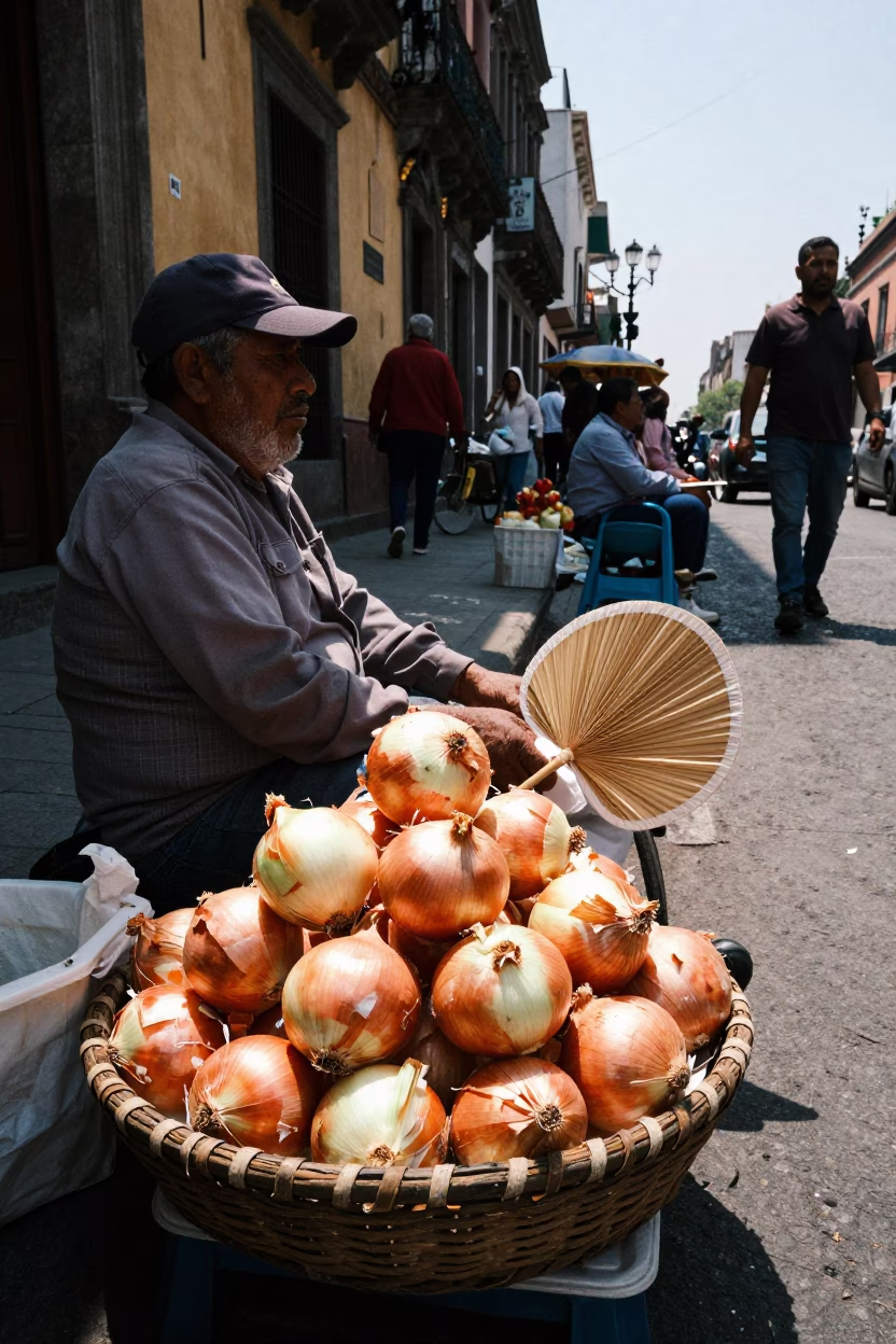 Street Vendor Selling Onions and Paper Fans in Mexico City Afternoon Light in in Mexico City, Mexico