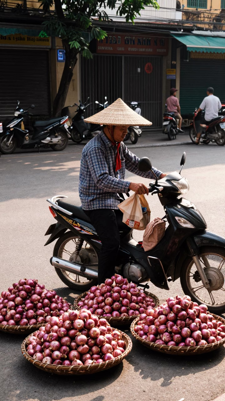 Street Vendor Selling Onions and Produce Under Motorbike Traffic in Ho Chi Minh City in in Ho Chi Minh City, Vietnam