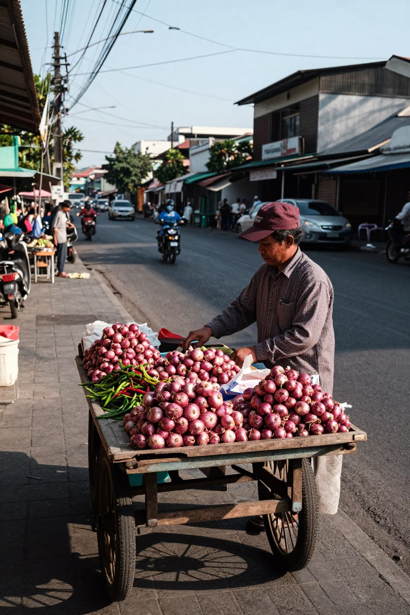 Street Vendor Selling Onions and Vegetables in Surabaya Indonesia Late Afternoon Light in in Surabaya, Indonesia