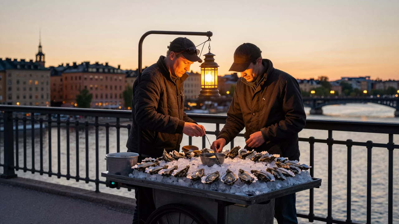 Street Vendor Selling Oysters and Lanterns on Stockholm Bridge at Sunset in in Stockholm, Sweden