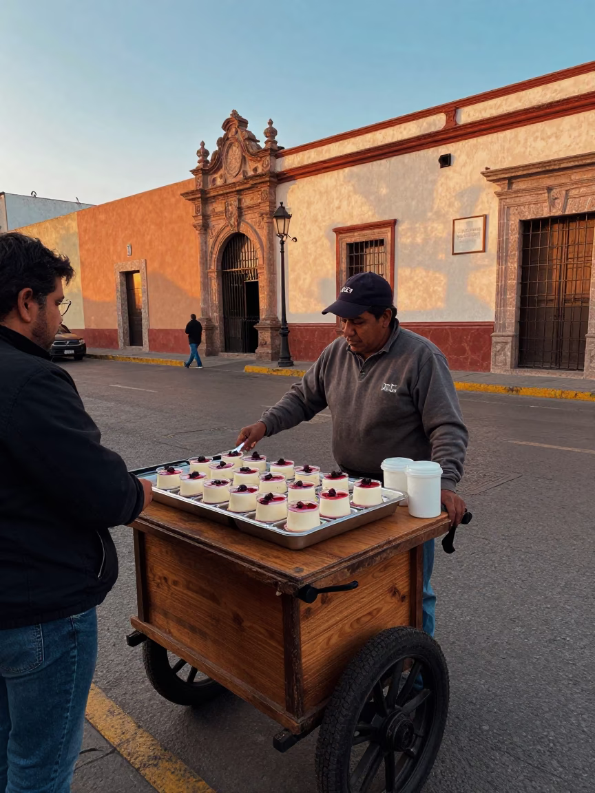Street Vendor Selling Panna Cotta Dessert in Guadalajara Mexico Early Evening in in Guadalajara, Mexico