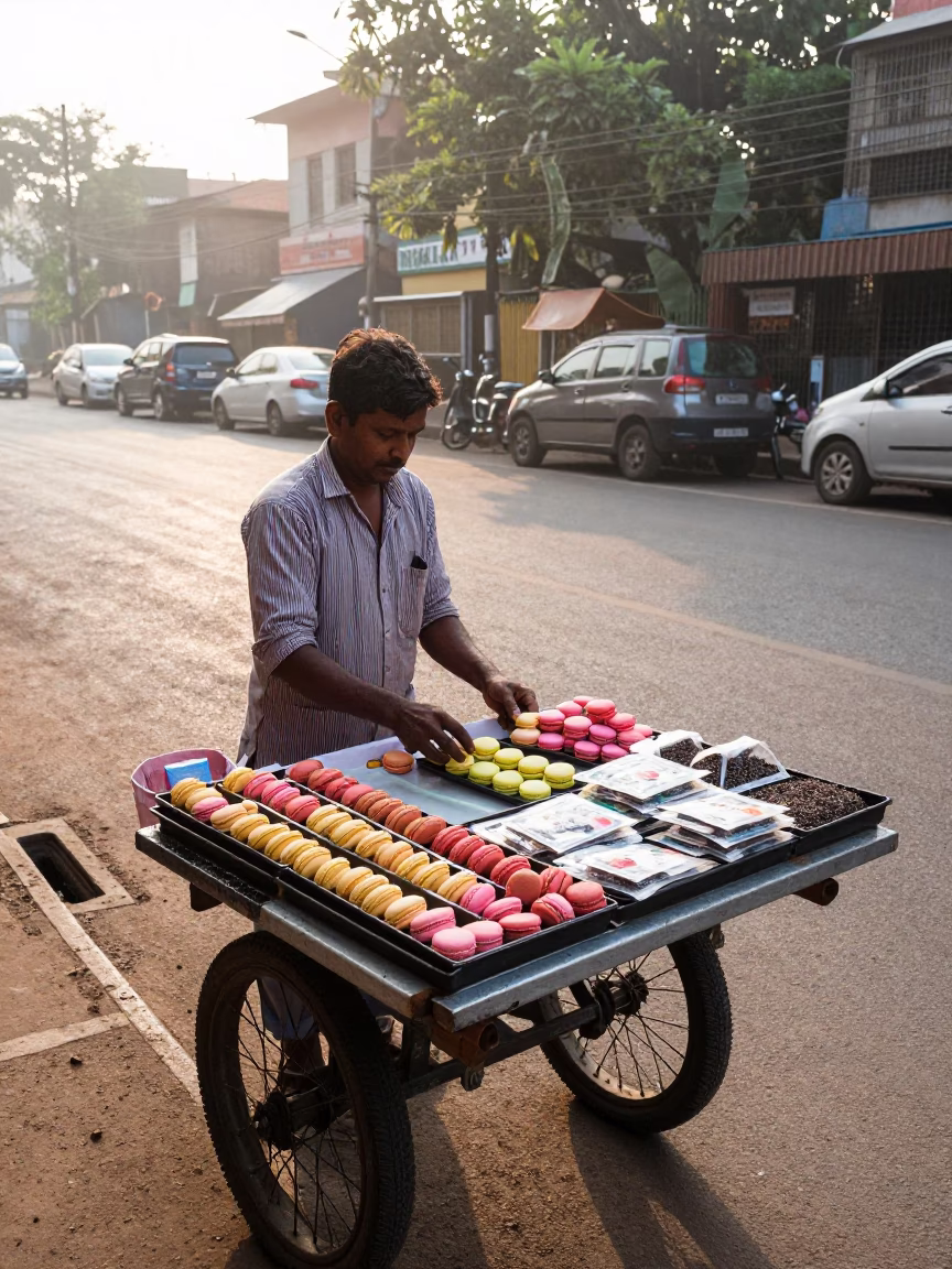 Street Vendor Selling Pastel Macarons and Seed Trays in Mumbai India Just After Sunrise in in Mumbai, India