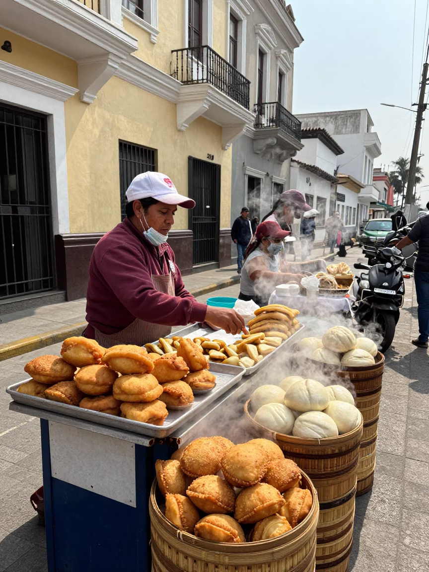 Street Vendor Selling Pastries and Gua Bao in Miraflores Lima Peru Early Afternoon in in Lima, Peru