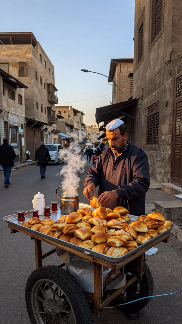 Street Vendor Selling Pastries and Tea in Cairo Egypt Early Evening in in Cairo, Egypt