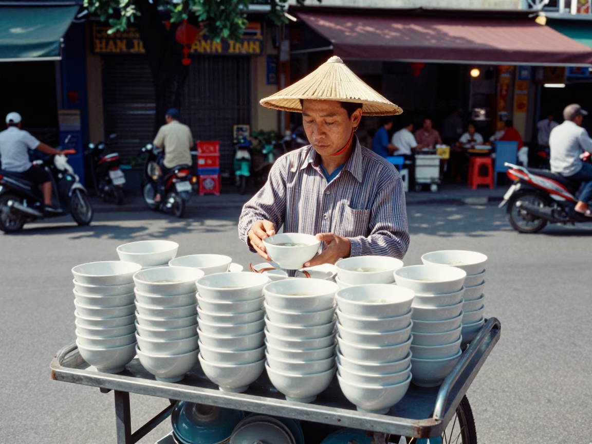Street Vendor Selling Pho Soup Bowls in Ho Chi Minh City Vietnam Midmorning in in Ho Chi Minh City, Vietnam