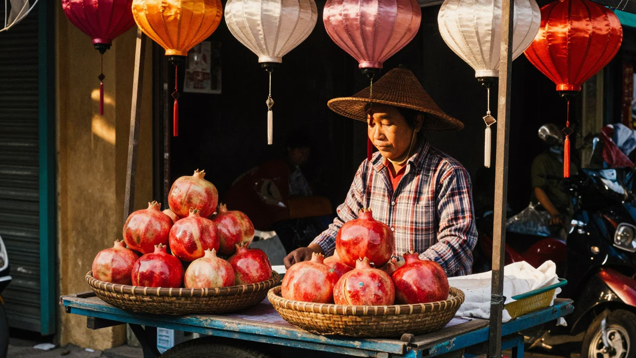 Street vendor selling pomegranates and paper lanterns in Hanoi Vietnam late afternoon light in in Hanoi, Vietnam