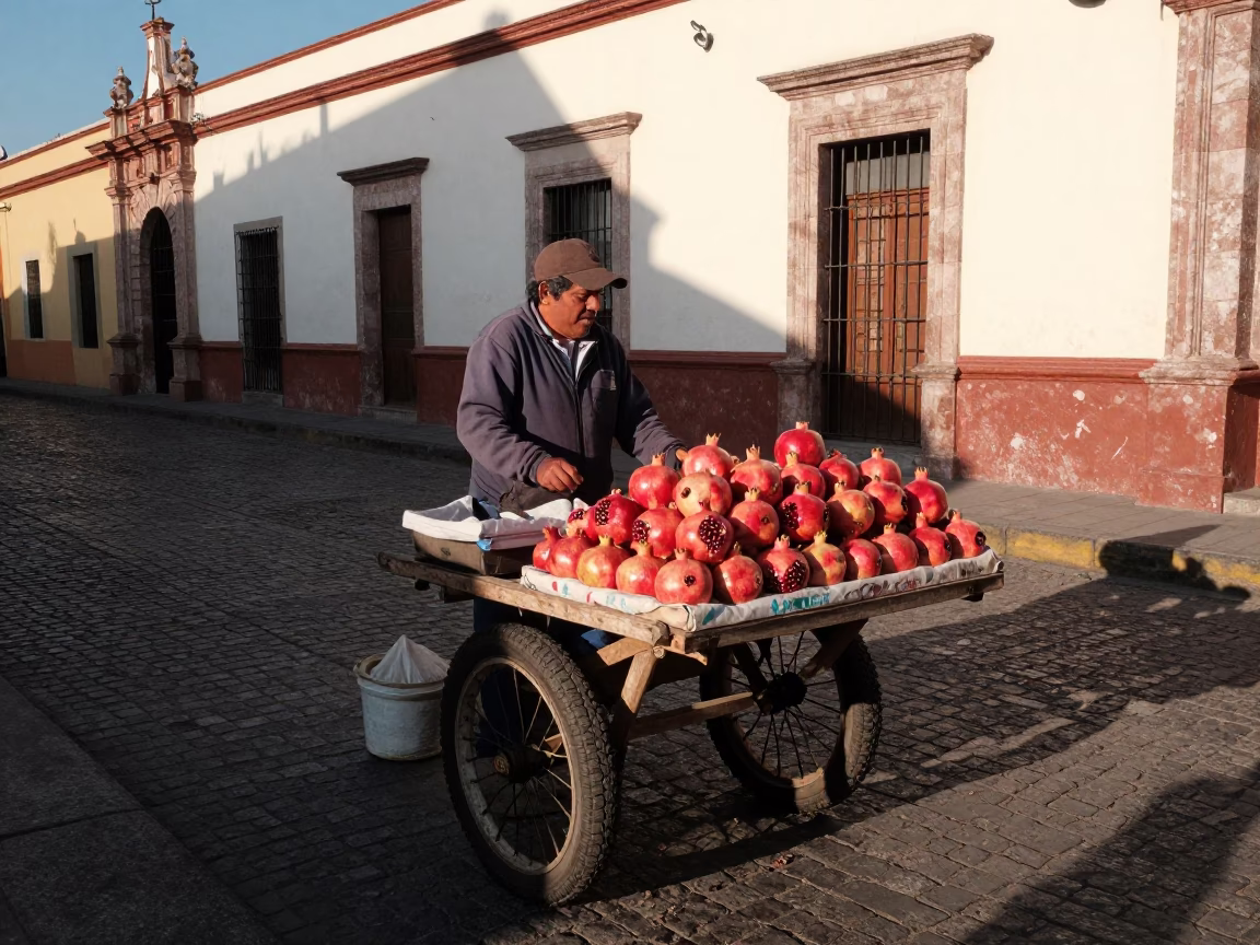 Street Vendor Selling Pomegranates in Guadalajara Late Afternoon Sunlight in in Guadalajara, Mexico