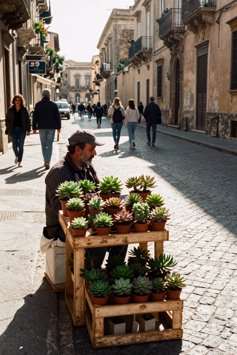 Street Vendor Selling Potted Succulents in Palermo Italy Late Morning Sunlight in in Palermo, Italy