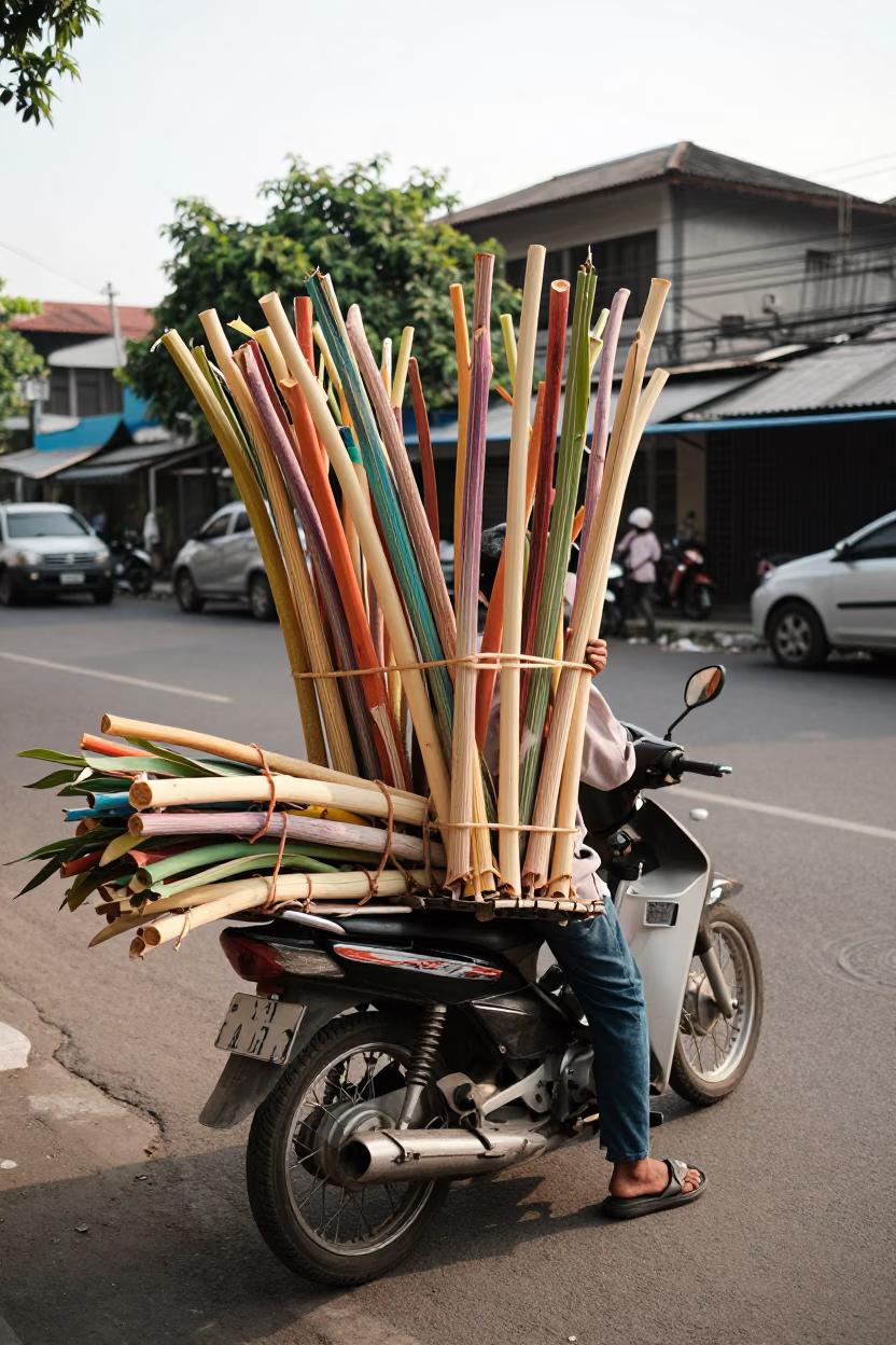 Street Vendor Selling Rainbow Eucalyptus Branches in Surabaya Indonesia Afternoon in in Surabaya, Indonesia