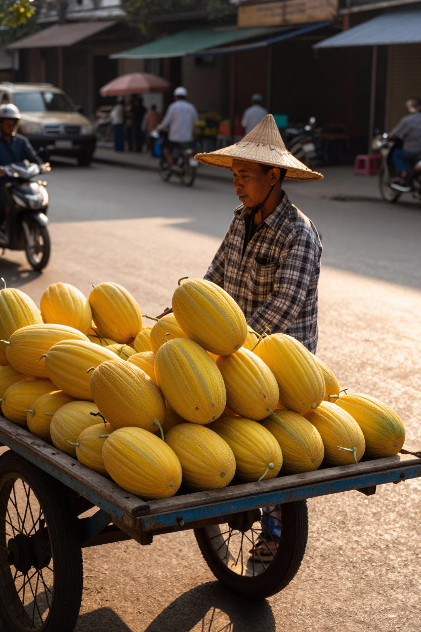 Street vendor selling ripe yellow melons on a bustling Phnom Penh sidewalk at sunset in in Phnom Penh, Cambodia
