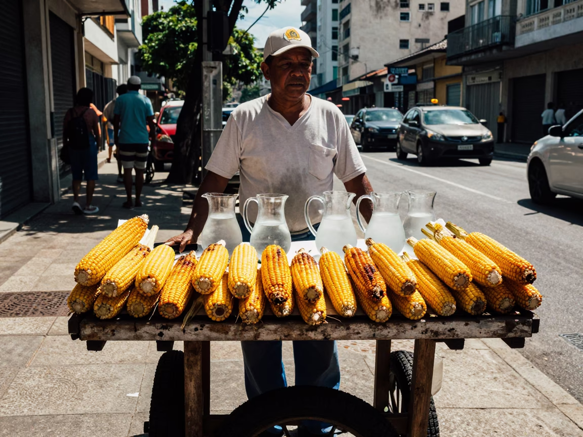 Street vendor selling roasted corn and water pitchers on sunny Rio de Janeiro sidewalk in in Rio de Janeiro, Brazil