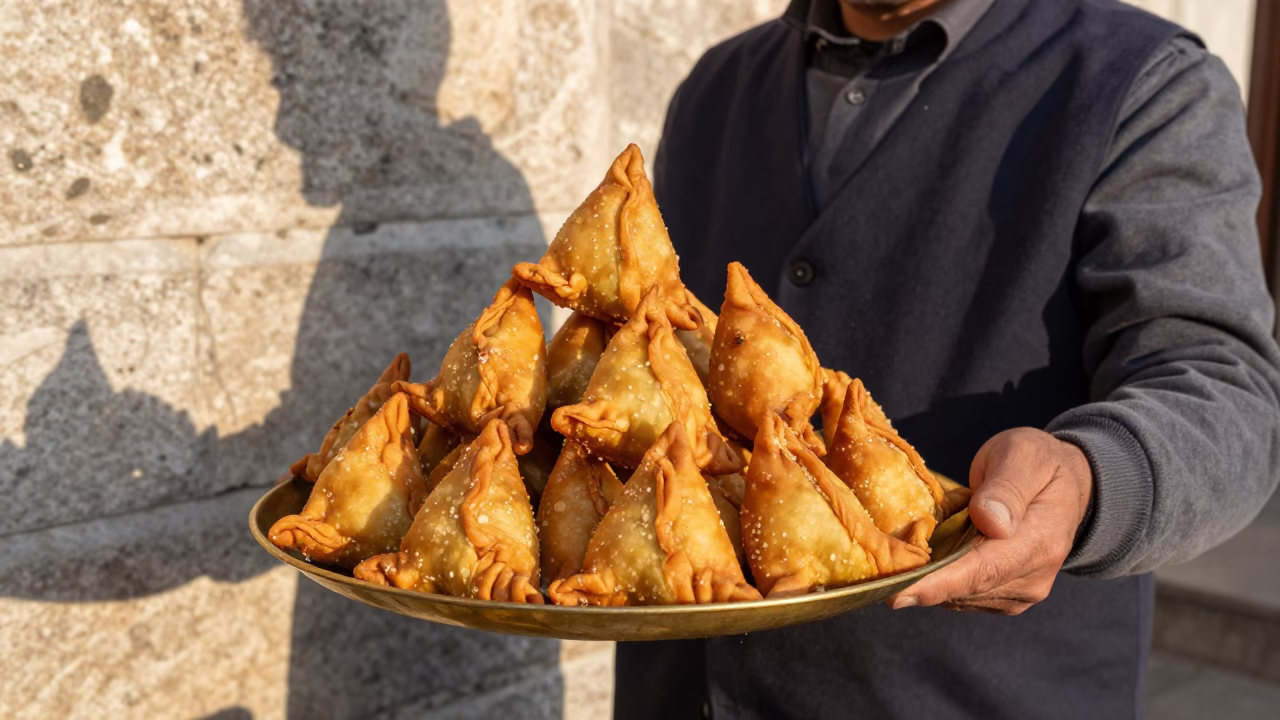 Street Vendor Selling Samosas on Brass Plate in Istanbul Late Afternoon Light in in Istanbul, Turkey
