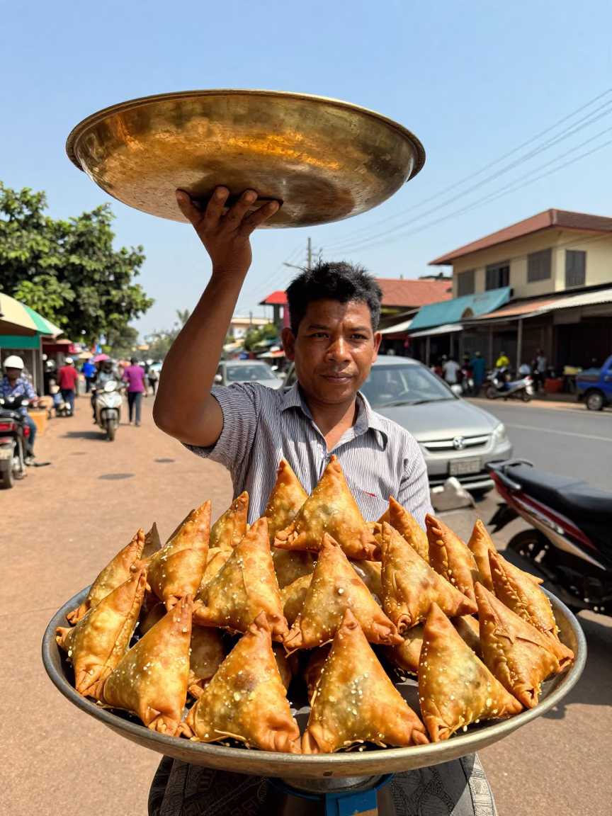 Street Vendor Selling Samosas on Brass Plate in Phnom Penh Cambodia Noon Light in in Phnom Penh, Cambodia