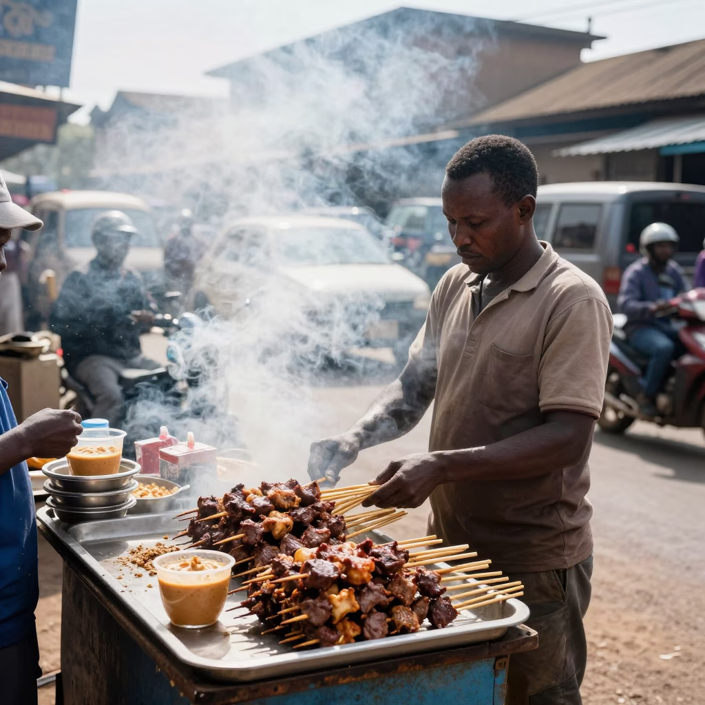 Street vendor selling satay skewers with peanut sauce in Nairobi Kenya midday market scene in in Nairobi, Kenya