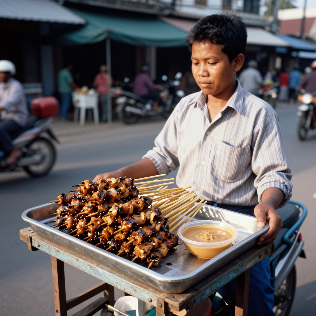 Street Vendor Selling Satay Skewers with Peanut Sauce in Phnom Penh Cambodia Late Morning in in Phnom Penh, Cambodia