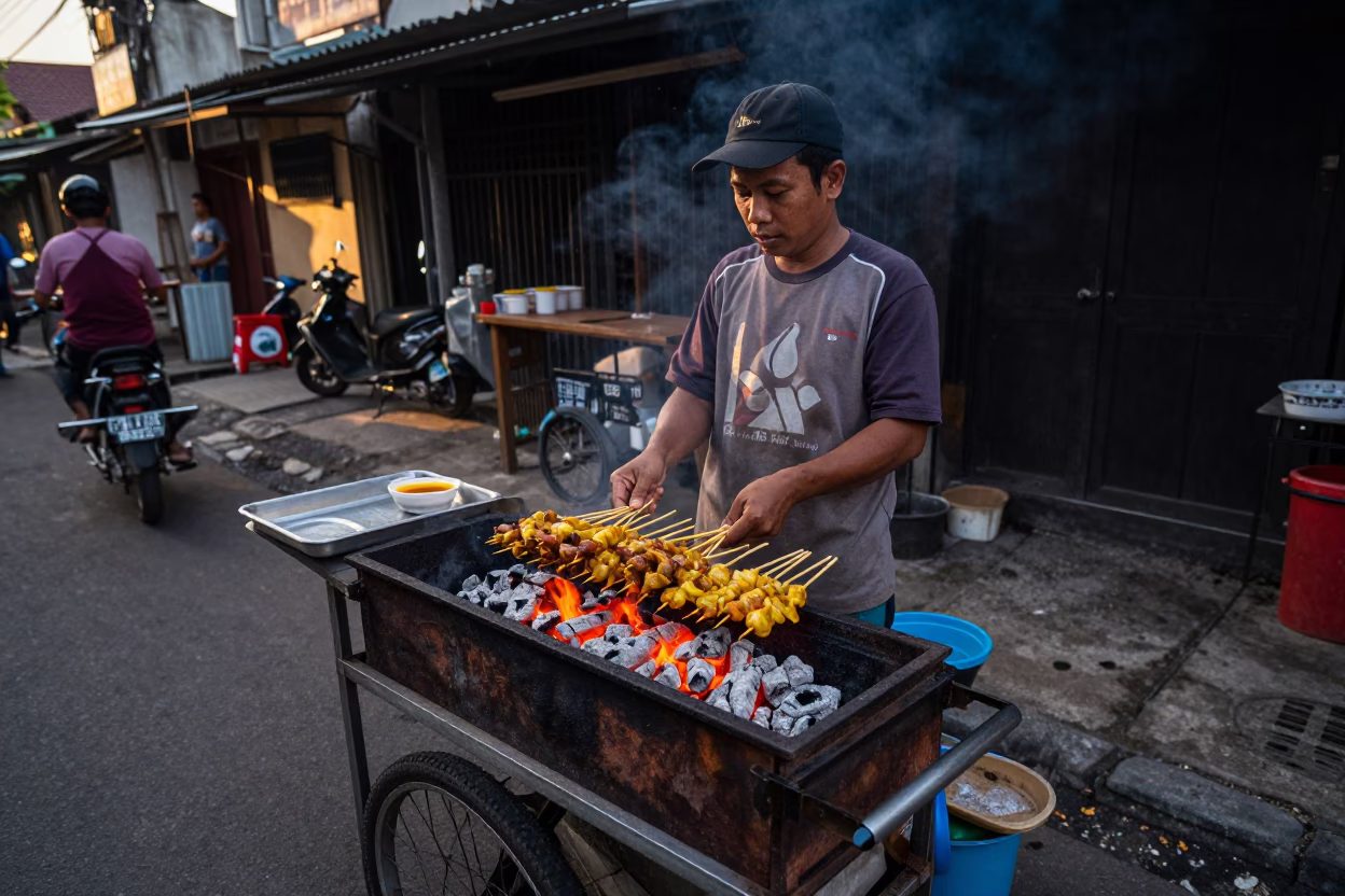 Street Vendor Selling Sate Skewers on Charcoal Grill in Surabaya Indonesia at Sunset in in Surabaya, Indonesia